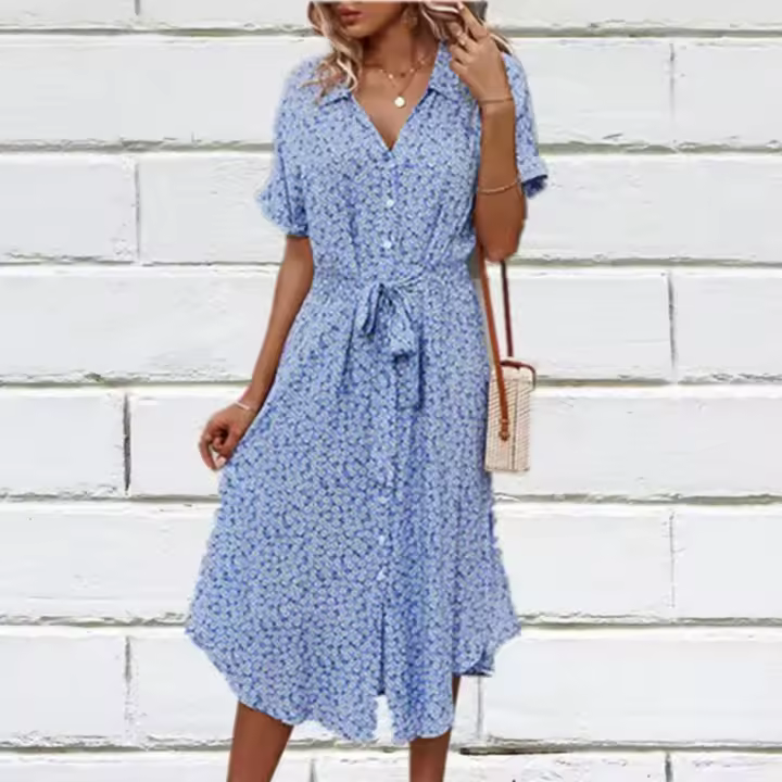 Vestido Midi Informal de Verano con Estampado Floral Vestidos Camiseros Elegantes de Manga Corta para Mujer Perfecto para Vacaciones y Playa - 1