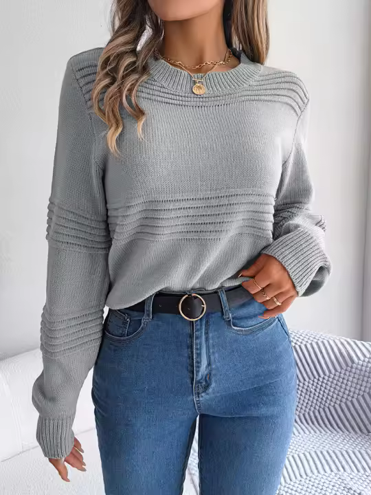 Jersey holgado informal de manga larga para mujer, Jersey de punto liso con cuello redondo, color blanco, para oficina, otoño e invierno, 2023 - 1
