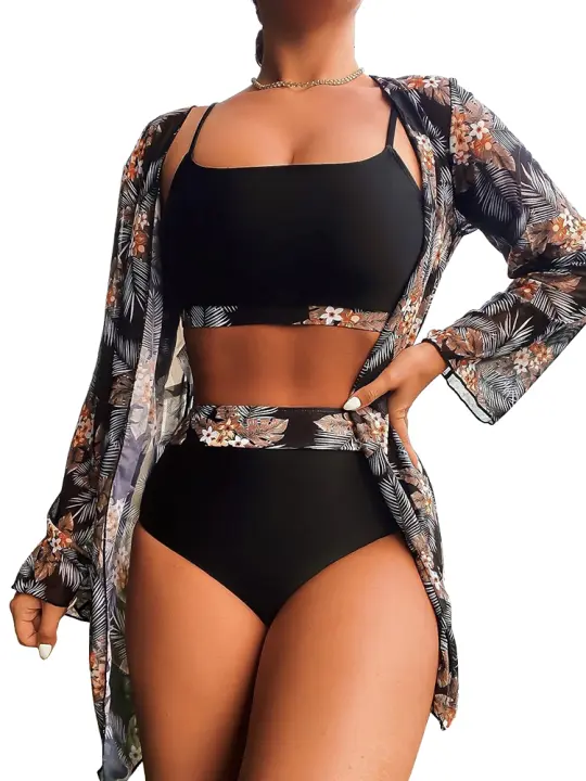 Conjunto de bikini de manga larga para mujer, traje de baño sexy de verano estampado de 3 piezas, novedad - 1