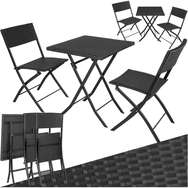 Conjunto Jardín Exterior de Ratán y Acero para 2 Personas, Muebles Jardín Exterior Resistentes a Intemperie, 2 Sillas y 1 Mesa, con Topes de Plástico, Plegable, Ligero y Compacto - Gris - 1