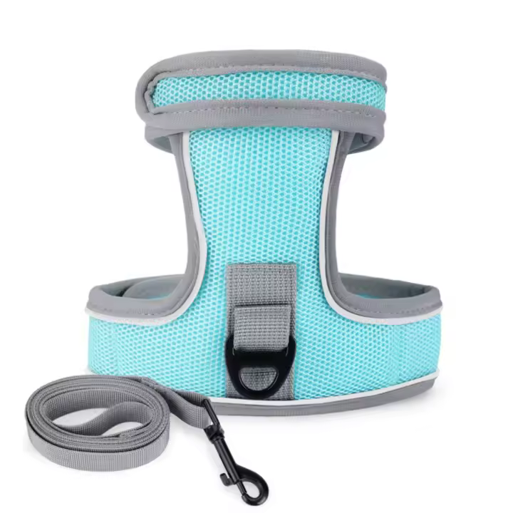 Conjunto de correa reflectante para mascotas, Collar suave y transpirable a prueba de Escape para gatos, correa ajustable de poliéster, cinturón de tracción para gatos para caminar - 1