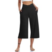 2024 primavera y verano mujeres elástico cintura alta 3/4 pantalón sólido Casual ajuste activo pantalones de pierna Capris anchos pantalones con bolsillos - details 8