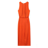 TRAFZA-vestido Midi elegante para mujer, vestidos informales de estilo de vacaciones de verano, sin mangas, lisos, con cuello redondo y dobladillo dividido - details 5