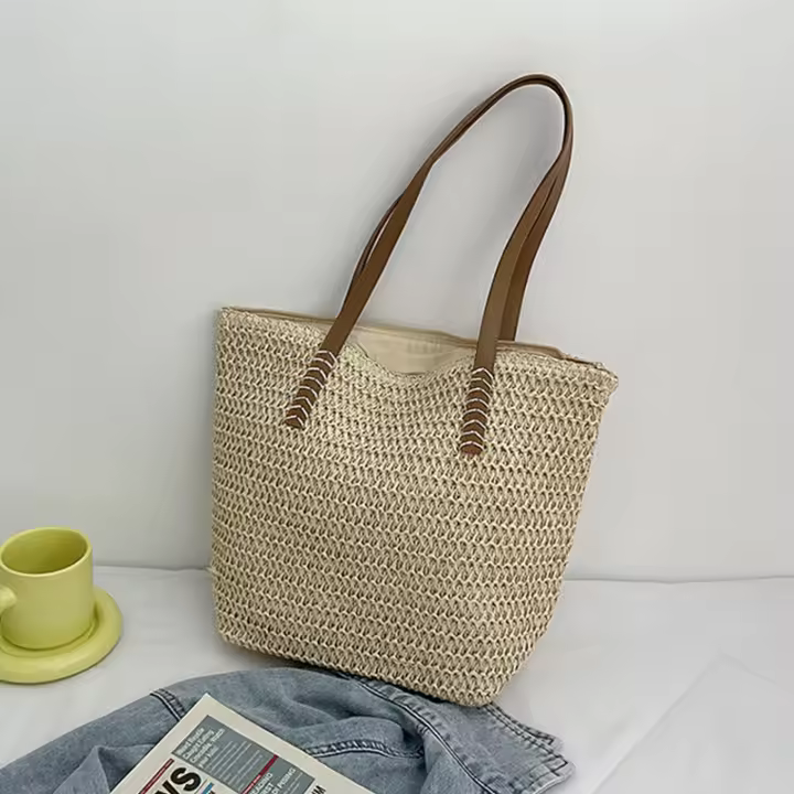 Bolso de ratán tejido para mujer, bolsa de hombro de gran capacidad para vacaciones en la playa, informal, a la moda - 1