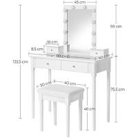 Mesa Tocador, Mesa Maquillaje con Taburete Tapizado, Espejo, 10 Bombillas Regulables Iluminación, 2 Cajones Grandes con Tablero Vidrio Templado, 2 Cajones Pequeños, Blanco - details 4
