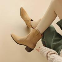 Botas cortas de tacón grueso retro de cuero suave nuevas botas individuales delgadas mate de tacón medio botas de vaquero occidentales puntiagudas - details 3
