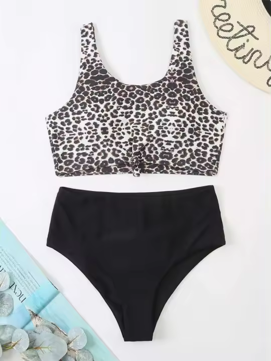 Bikini de dos piezas para mujer, traje de baño de cintura alta con tubo superior, traje de baño estampado - 1