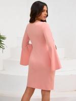 Elegante y bonito vestido Midi de manga larga para mujer, de Color sólido vestido ajustado, falda de cuello redondo que cubre la cadera - details 5
