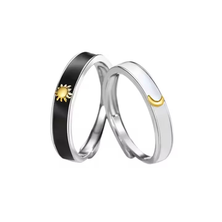 Anillo abierto de sol y luna de conejo para niñas, accesorios de joyería para amantes del aceite con goteo de diseño, joyería para parejas, mejor amigo - 1