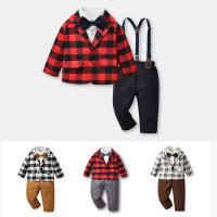 Conjunto de tres piezas para niños: blazer a cuadros, vestido tipo cárdigan de algodón de manga larga y pantalones con tirantes. - details 0