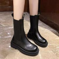Botas cortas de cuero con punta redonda para mujer, suela gruesa de cuero al tobillo, zapatos de mujer de longitud media a larga, otoño e invierno - details 0