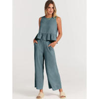 Conjunto casual de verano para mujer, top sin mangas plisado y pantalones cortos de pierna ancha - details 33