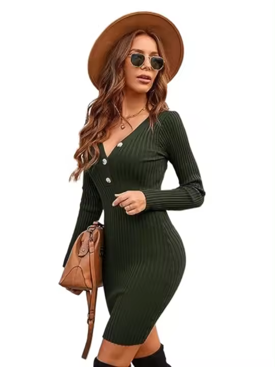 Vestido de punto con botones de fiesta con cuello en V y manga larga con cintura de estilo retro - 1