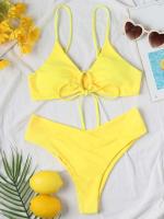 Nuevo conjunto de bikini de alta elasticidad verano 2025, sexy de dos piezas con cordones de color sólido para mujer, traje de baño de playa - details 30