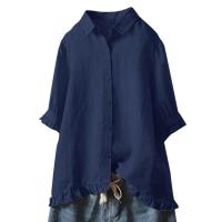 Camisa de algodón y lino de Color liso para mujer, con solapa y botones, manga corta con dobladillo, Top informal holgado, ropa de calle de otoño - details 1