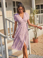 Elegante vestido de fiesta en la playa Serie A de manga corta, cuello en V bohemio, estampado floral de verano adecuado para mujeres - details 9
