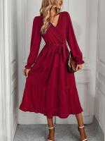 Elegante Vestido Largo de Manga Comprida para Mujer Color Sólido, Estilo A Línea, Belleza Elástica y Bonito - details 12
