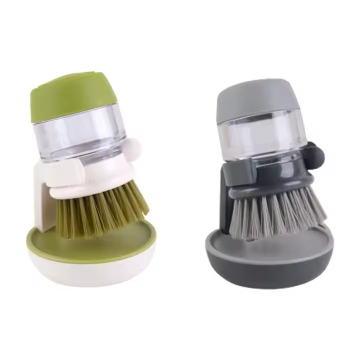 Cepillo de lavado de platos de cocina con dispensador de jabón líquido, accesorio de almacenamiento de fregado de olla compacta de mano - 1