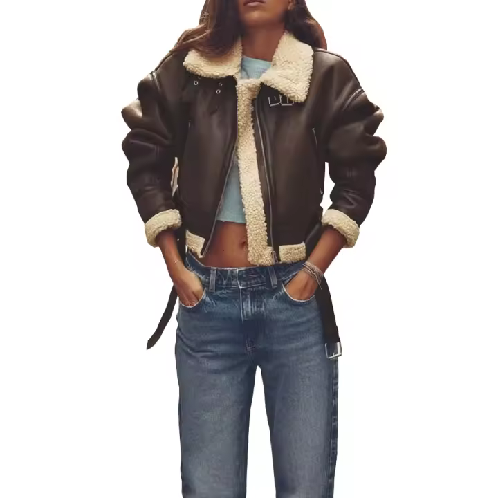 Chaqueta de piel sintética de oveja para mujer, abrigo forrado de Sherpa grueso con solapa, abrigo de motorista - 1