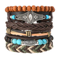 Conjunto de 6 pulseras boho madera cuentas vintage cabeza de toro ojos plumas multicapa artesanales regalos para hombre - details 5