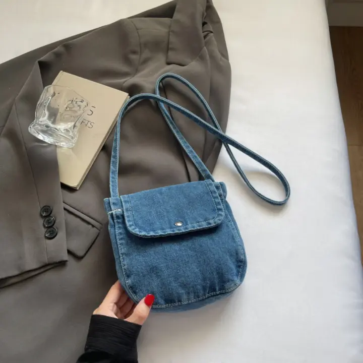 Bolso de lona vaquero informal Y2K, bolso Vintage de gran capacidad estilo callejero, bolso de compras, bolso cruzado sólido de Color sólido para mujeres y hombres - 1
