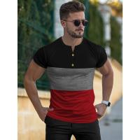 Camiseta deportiva informal de manga corta de verano para hombre, con costuras tricolores y cuello en V con muescas, estilo Henry - details 11