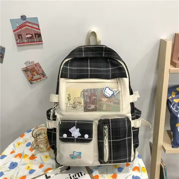 Chica suave, estudiante, malla, mochila, cuadros, literaria, pequeña, mochila escolar, estilo bosque, campus - 1