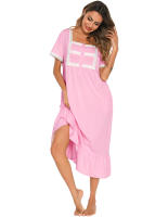 Pijamas para mujer, ropa de dormir con cuello cuadrado, camisón de manga corta, vestido mixto de encaje - details 10
