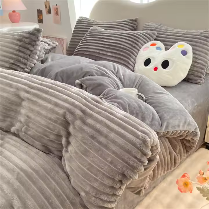 Juegos de cama a rayas de terciopelo de leche, ropa de cama gruesa, funda de edredón, Sábana, funda de almohada, decoración de dormitorio, cálido, invierno, cuatro piezas - 1