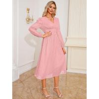 Vestido de manga larga con cuello en V para mujer, vestido elegante de corte A, color sólido, estético, nuevo en oferta - details 2