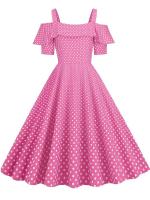 Vestido de fiesta Vintage elegante con hombros descubiertos, vestidos Midi de verano con lunares y volantes para mujer - details 20