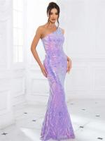 Lentejuelas largas con hombro rosa lavanda, vestido de fiesta de noche sin mangas para mujer - details 5