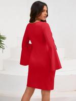 Elegante y bonito vestido Midi de manga larga para mujer, de Color sólido vestido ajustado, falda de cuello redondo que cubre la cadera - details 11