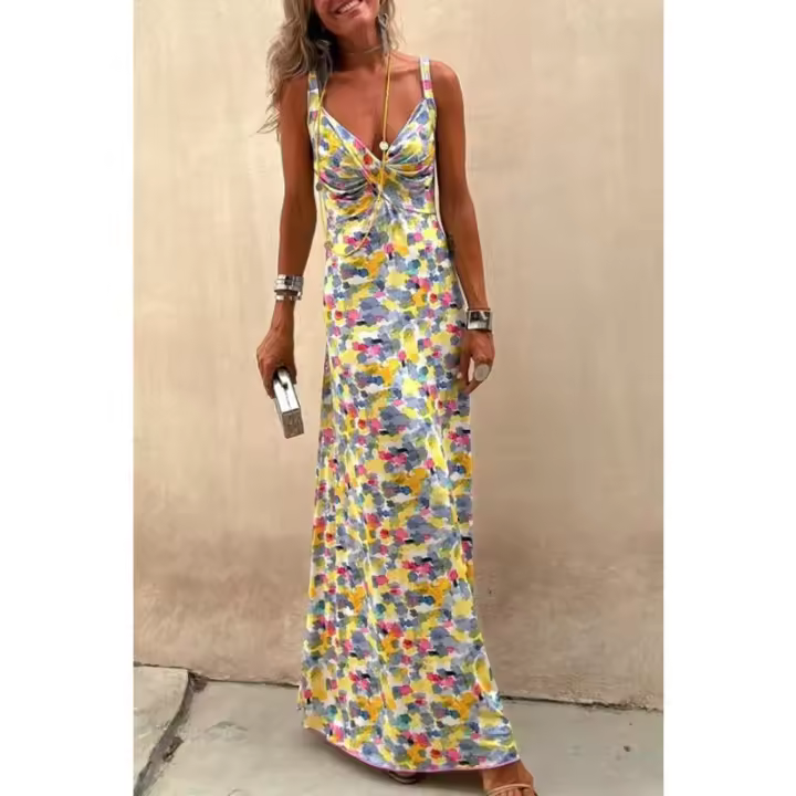 Vestido Tirantes Largo para Mujer 2025 Escote en V Ajustado, Estampado Floral - 1
