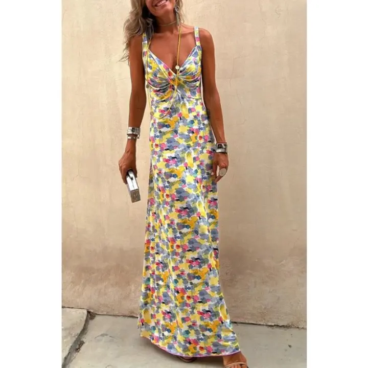 Vestido Tirantes Largo para Mujer 2025 Escote en V Ajustado, Estampado Floral - 1
