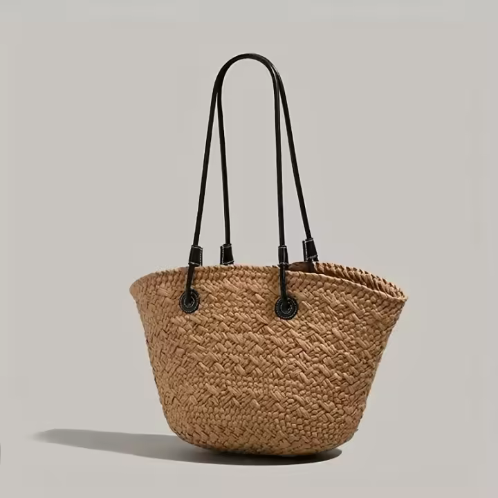 Bolso de mano de paja de papel tejido a mano - Bolso de hombro abierto beige natural de gran capacidad para mujeres y hombres, bolso de playa espacioso, compras, trabajo, viajes - 1