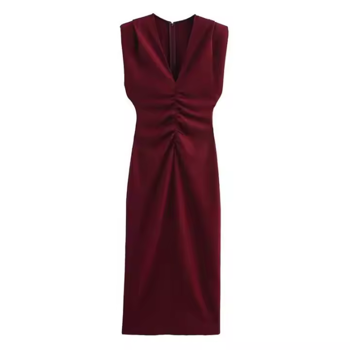 TRAFZA 2025 verano mujer moda tendencia vino rojo vestidos a media pierna ajustados mujer con plisado vestido de noche Vestidos - 1