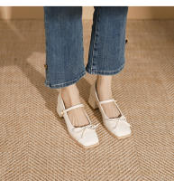Zapatos individuales de tacón grueso cosidos con lazo de nuevo estilo, zapatos de mujer de tacón medio. - details 12