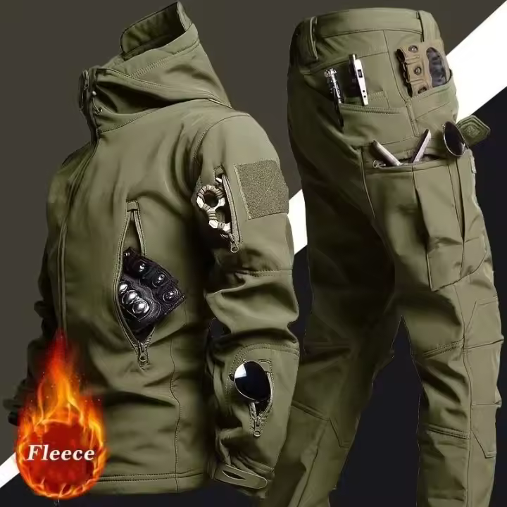 Conjunto táctico de invierno para hombre, traje militar impermeable a prueba de viento para exteriores, chaquetas con capucha de concha suave con múltiples bolsillos, pantalones de trabajo de piel de tiburón - 1