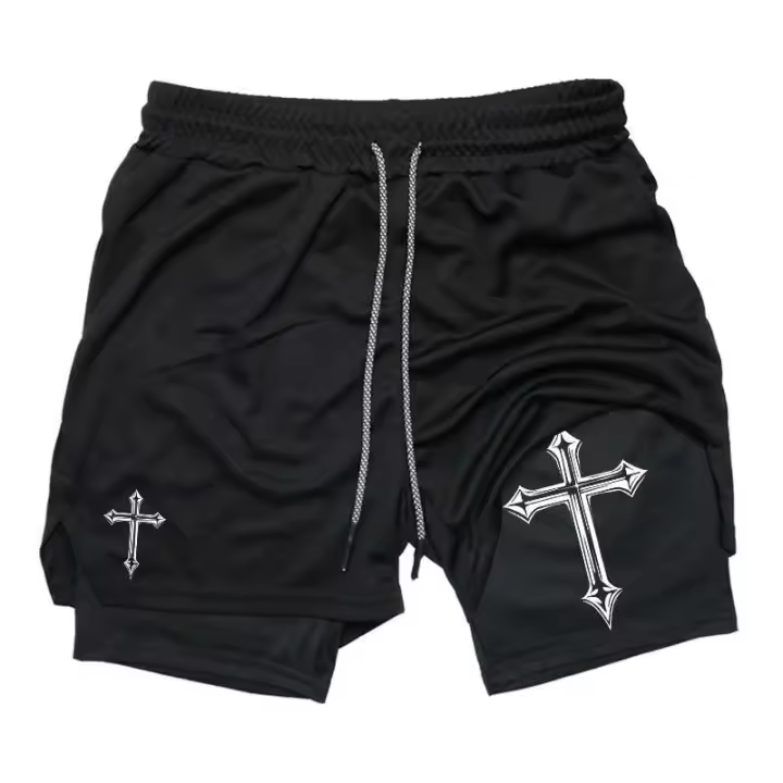 Pantalones de Entrenamiento de Correr Impresión Cruzada 2 en 1 Pantalones Deportivos de Gimnasio Cristiano con Forro de Compresión Toalla de Bolsillo para Hombres - 1
