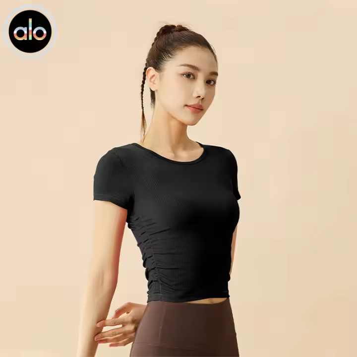 Alo yoga manga corta nuevo rayas deporte manga corta camiseta transpirable fitness adelgazamiento yoga ropa top - 1