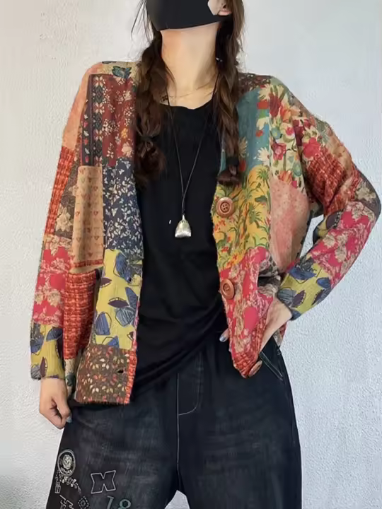 Suéter de cardigan casual para mujer Masss Wasss con estampado floral talla grande cuello en V lavado a mano material exterior de mezclilla temporada de primavera/verano - 1