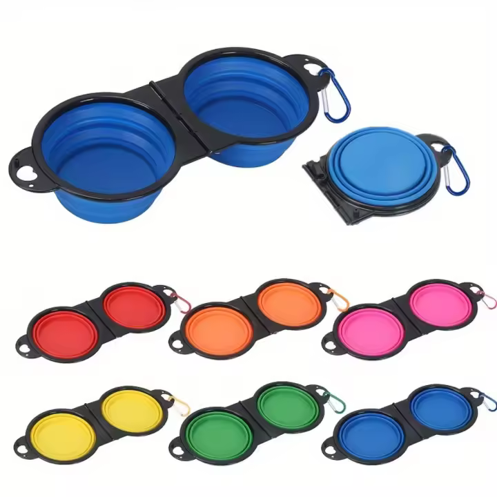 Alimentador de agua, cuenco doble plegable portátil para mascotas, tazones dobles de comida para perros de TPE expandibles, tazón de alimentación antideslizante 2 en 1 para viaje - 1