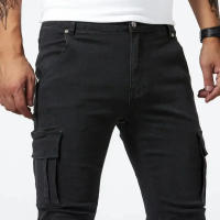 Jeans de Cargo de Denim Pantalones Casuales para Hombres de Cintura Media, Ajuste Delgado, Múltiples Bolsillos, Color Sólido - details 9