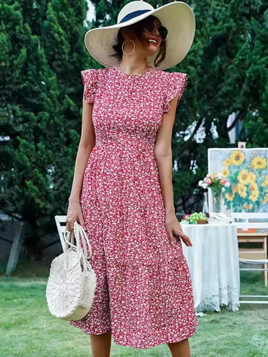 Vestido largo elegante de corte en A floral de cintura alta sin mangas con cuello redondo retro de verano para mujer. - 1