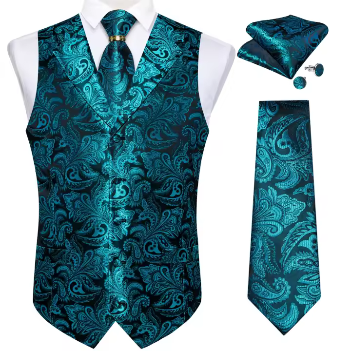 Traje de seda de cachemira azul real de lujo, conjunto de chaleco y corbata con anillo de dragón de metal, pañuelo, gemelos, chaleco de esmoquin para graduación y boda - 1
