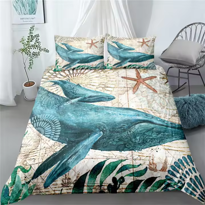 Juego de cama 3d con delfines para juegos de atardecer, juego de ropa de cama individual, doble, queen, king cal, king size - 1