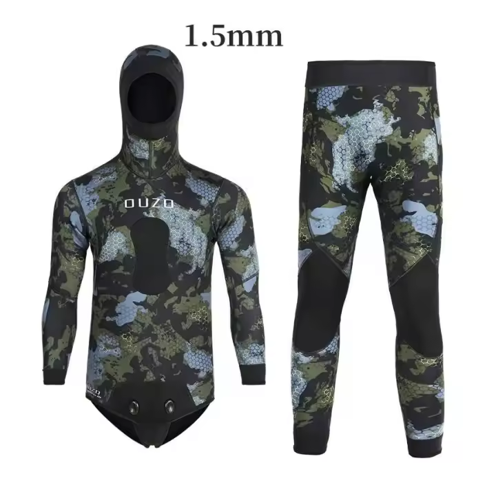 Traje de neopreno de 1,5mm con capucha de manga larga para hombre, conjunto de 2 piezas de neopreno para mantener el calor, traje de buceo, traje de baño de agua fría - 1