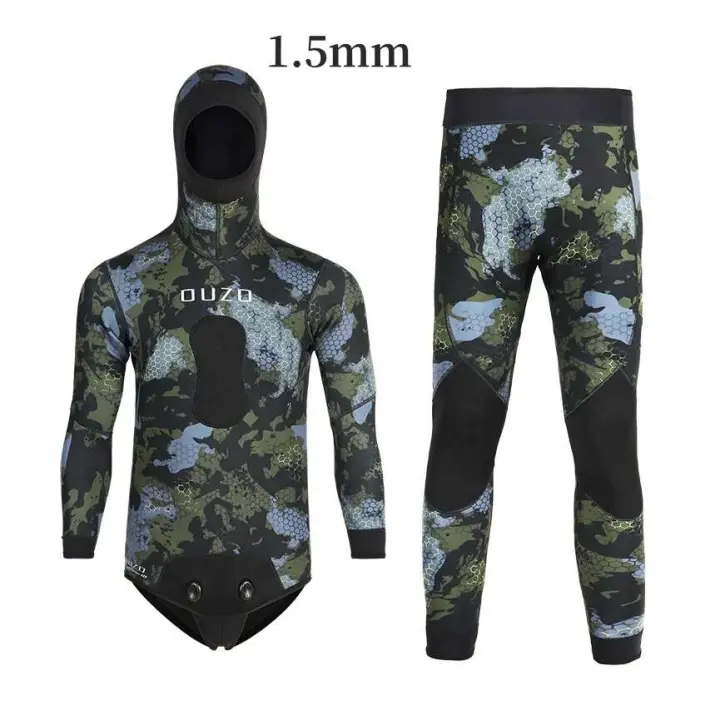 Traje de neopreno de 1,5mm con capucha de manga larga para hombre, conjunto de 2 piezas de neopreno para mantener el calor, traje de buceo, traje de baño de agua fría - 1