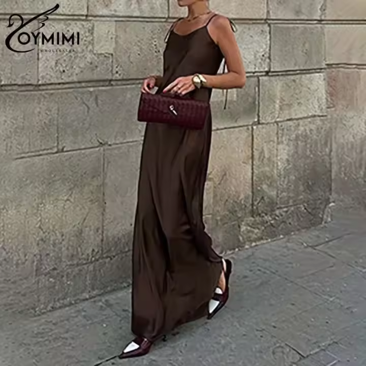 Oymimi elegante marrón delgado para mujer moda Spaghetti Strap espalda abierta vestidos Casual recto o largo vestido Streetwear - 1